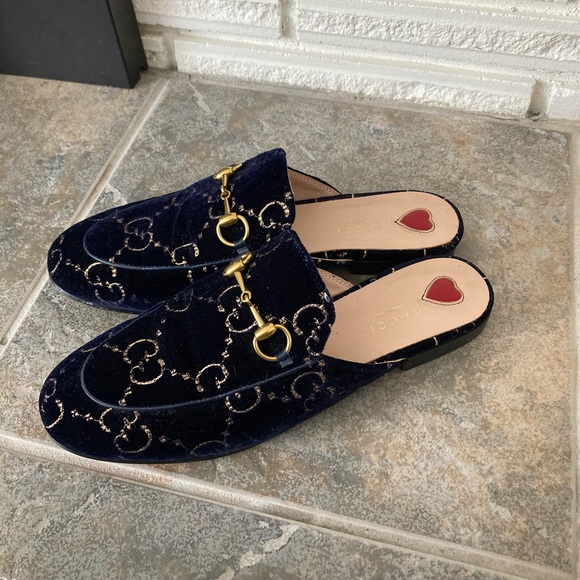 Gucci Princeton Mules Navy Velvet w Gold Horse Bit Buckle & Gucci Gold Logos 7.5 - Picture 5 of 16